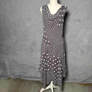 ELLE Size Large Gray Polka Dot Cowl Neck Midi Dress Asymmetrical
